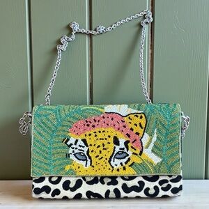 Above & Beyond Leopard Beaded Clutch Purse Bag with Chain Strap